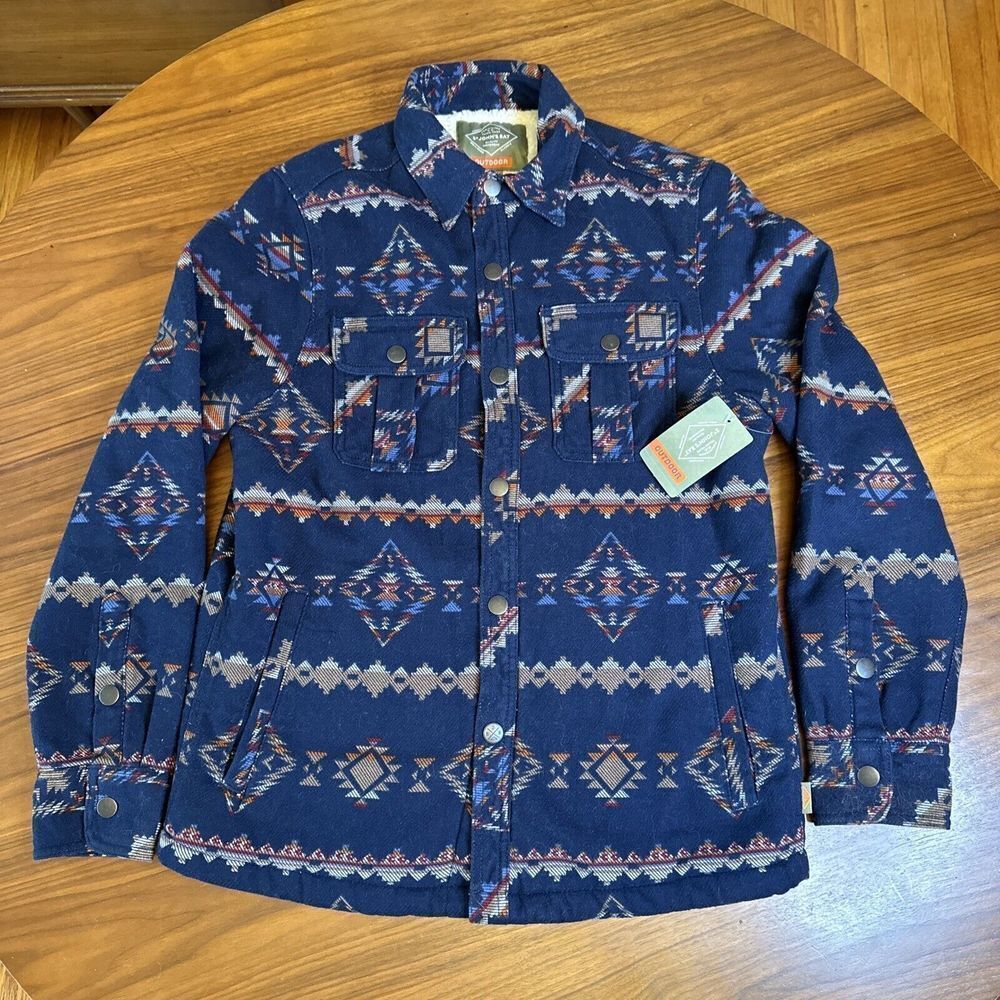 NWT St. John's Bay Men's Jacket Aztec Navajo Small Sherpa Navy Red Orange Brown